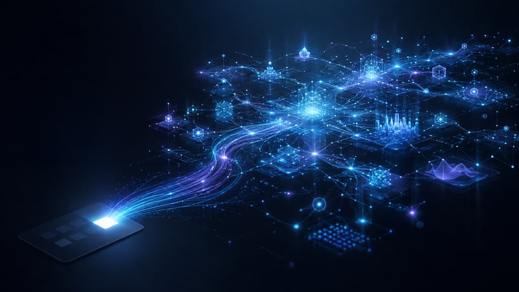 A glowing digital network connecting AI systems, data, and tools