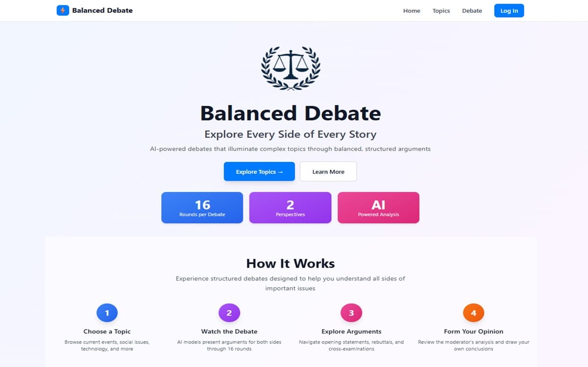 Balanced Debate website screenshot