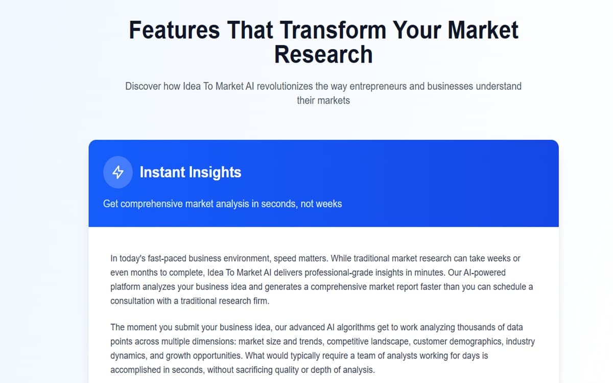 Idea To Market AI website screenshot